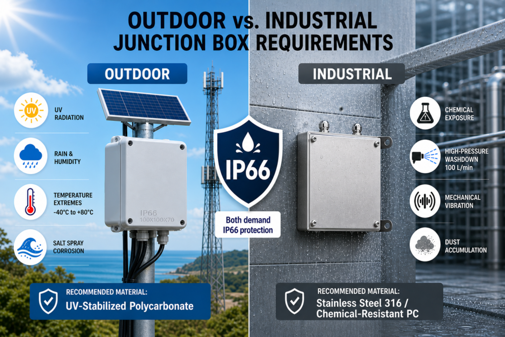 IP66 Waterproof Junction Box Buying Guide: Size, Material, and Installation Tips outdoor vs industrial junction box