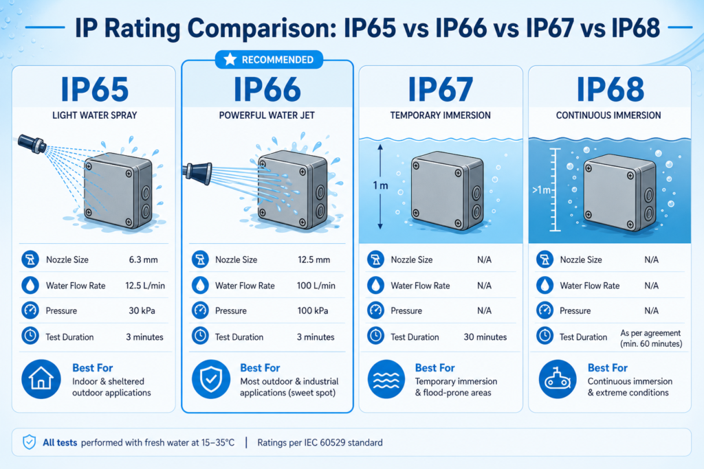 IP66 Waterproof Junction Box Buying Guide: Size, Material, and Installation Tips ip rating comparison infographic